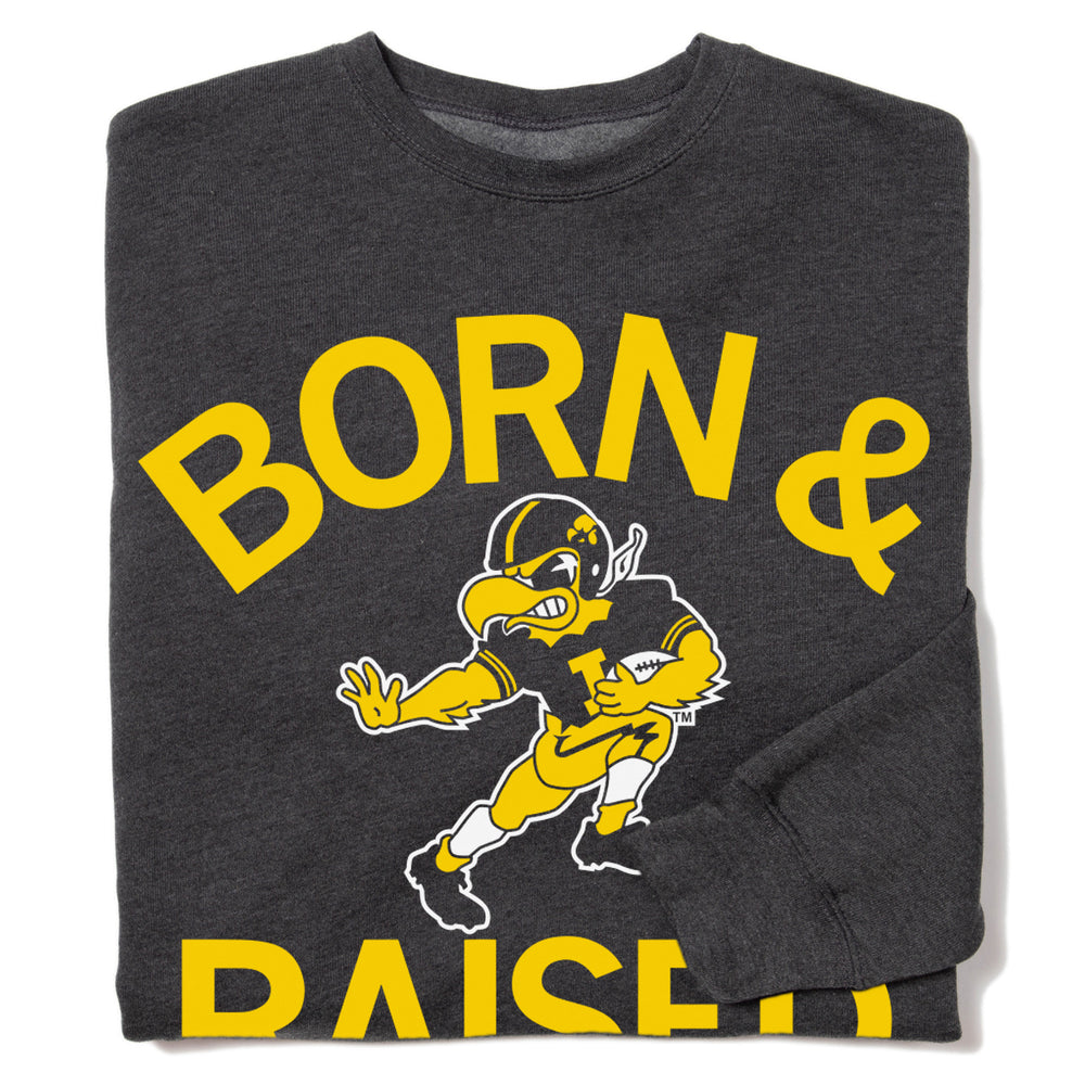 Hawkeyes Born Raised Vintage Charcoal Crew Sweatshirt RAYGUN